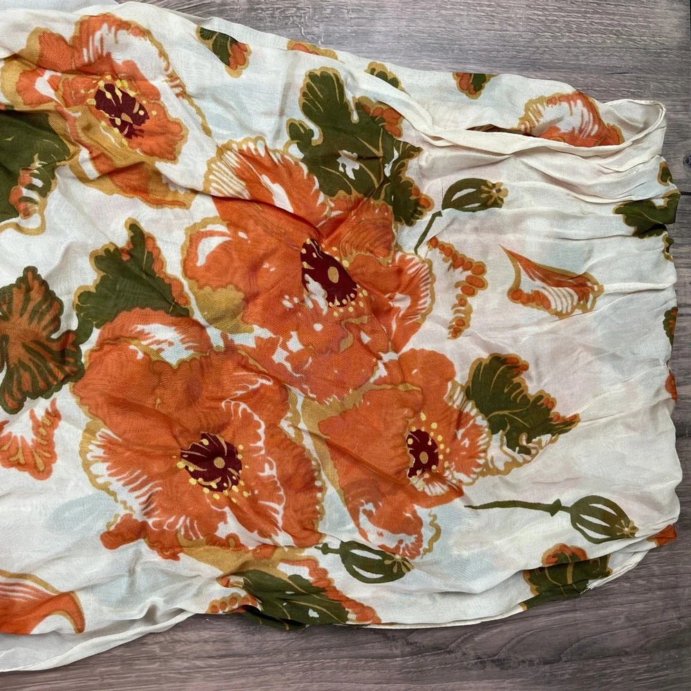 Zazou Floral Poppy Scarf Womens Orange Cream Sheer Rayon Rectangular Boho Wrap